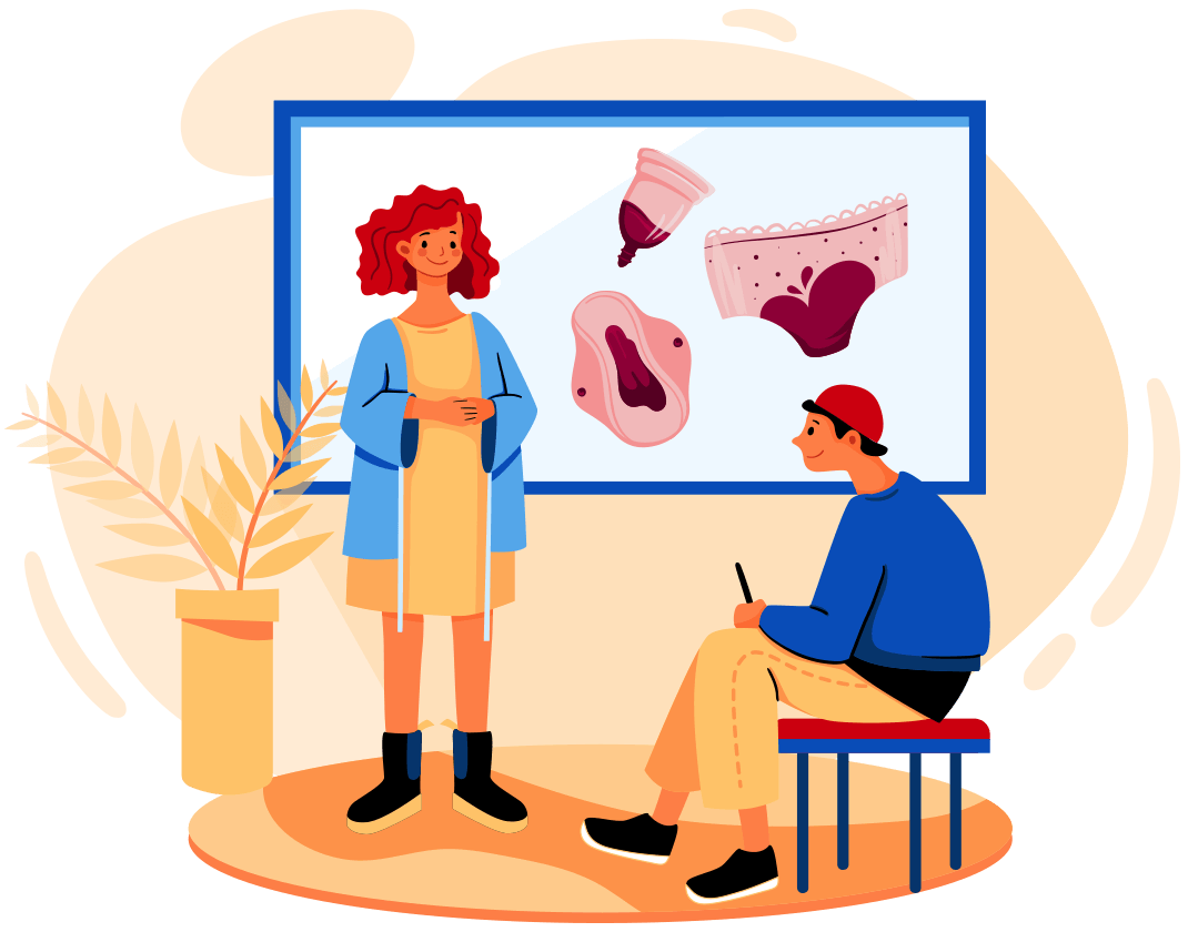 Illustration of a woman teaching boy about periods