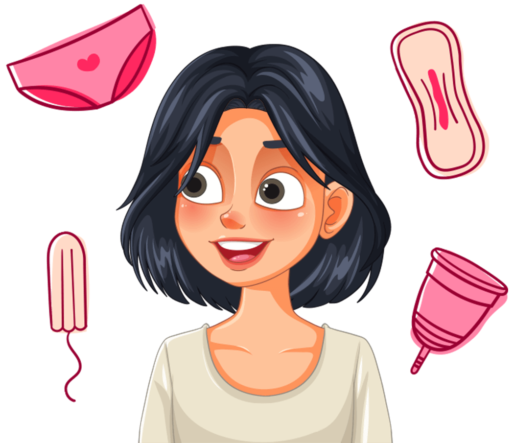 Illustration of a woman surrounded by period products